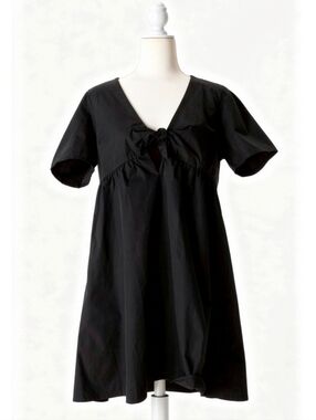 Madewell Black Tie-Front Mini Dress Size 12 NWT Cotton Empire Waist V-Neck
